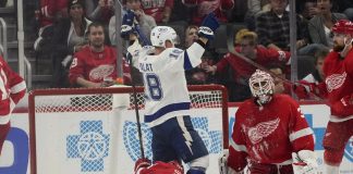 Tampa Bay Lightning left wing Ondrej Palat (18) celebrates his goal against the Detroit Red Wings in overtime during an NHL hockey game Thursday, Oct. 14, 2021, in Detroit. The Lightning won 7-6. (AP Photo/Paul Sancya)
