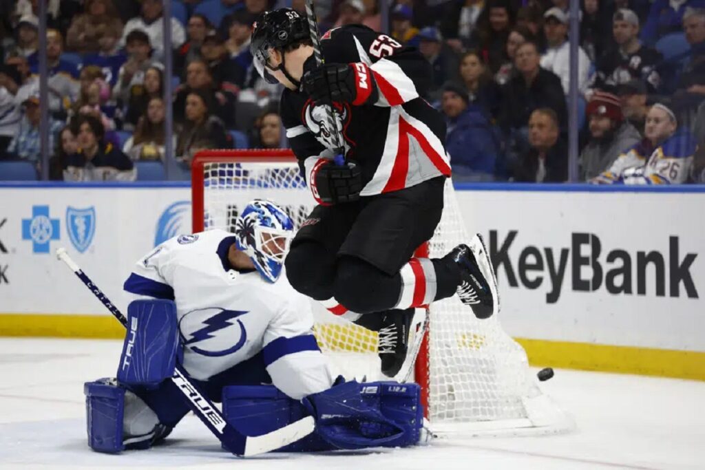 Buffalo Sabres left wing Jeff Skinner (53) tries to screen Tampa Bay Lightning goaltender Brian Elliott (1) during the first period of an NHL hockey game, Saturday, March 4, 2023, in Buffalo, N.Y. 