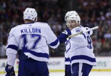 Tampa Bay Lightning center Steven Stamkos is congratulated for his goal against the New Jersey Devils by Alex Killorn (17) during the third period of an NHL hockey game Thursday, March 16, 2023, in Newark, N.J. The Lightning won 4-3 in a shootout