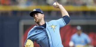 Tampa Bay Rays starting pitcher Jeffrey Springs delivers to the Detroit Tigers during the first inning of a baseball game Sunday, April 2, 2023, in St. Petersburg, Fla. (AP Photo/Chris O'Meara)