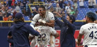 Palacios Celebrates Walkoff In Rays Win In 12 Innings