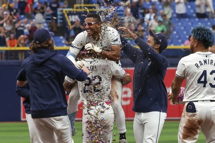 Palacios Celebrates Walkoff In Rays Win In 12 Innings