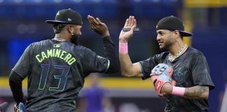 Caminero Celebrates Rays Win Over Padres