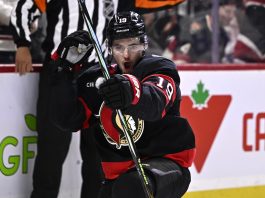 Ottawa Senators right wing Drake Batherson (19) celebrates his goal against the Tampa Bay Lightning during second period NHL hockey action in Ottawa, on Saturday, Oct. 19, 2024. (Justin Tang/The Canadian Press via AP)