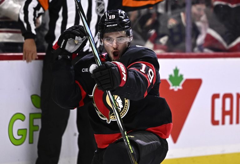 Ottawa Senators right wing Drake Batherson (19) celebrates his goal against the Tampa Bay Lightning during second period NHL hockey action in Ottawa, on Saturday, Oct. 19, 2024. (Justin Tang/The Canadian Press via AP)