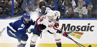 Tampa Bay Lightning defenseman Erik Cernak (81) and Washington Capitals right wing Tom Wilson battle for the puck during the second period of an NHL hockey game, Wednesday, Nov. 27, 2024, in Tampa, Fla. (AP Photo/Jason Behnken)