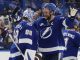 Tampa Bay Lightning defenseman Victor Hedman (77) hugs goaltender Andrei Vasilevskiy (88) after Vasilevskiy picked up his 300th career win during an NHL hockey game against the Winnipeg Jets Thursday, Nov. 14, 2024, in Tampa, Fla. (AP Photo/Chris O'Meara)