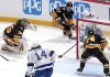 Tampa Bay Lightning's Brayden Point, top right behind goal, gets the game-winning overtime goal past Pittsburgh Penguins goaltender Tristan Jarry (35) and defenders Sidney Crosby (87) and Matt Grzelcyk (24) during an NHL hockey game Tuesday, Nov. 19, 2024, in Pittsburgh. The Lightning won 3-2. (AP Photo/Gene J. Puskar)