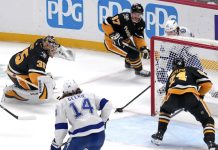 Tampa Bay Lightning's Brayden Point, top right behind goal, gets the game-winning overtime goal past Pittsburgh Penguins goaltender Tristan Jarry (35) and defenders Sidney Crosby (87) and Matt Grzelcyk (24) during an NHL hockey game Tuesday, Nov. 19, 2024, in Pittsburgh. The Lightning won 3-2. (AP Photo/Gene J. Puskar)