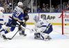 St. Louis Blues' Oskar Sundqvist (70) scores past Tampa Bay Lightning goaltender Andrei Vasilevskiy (88) during the second period of an NHL hockey game Tuesday, Nov. 5, 2024, in St. Louis. (AP Photo/Scott Kane)