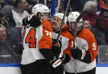 Philadelphia Flyers right wing Owen Tippett (74) celebrates his goal against the Tampa Bay Lightning with right wing Travis Konecny (11) and defenseman Jamie Drysdale (9) during the third period of an NHL hockey game Thursday, Nov. 7, 2024, in Tampa, Fla. (AP Photo/Chris O'Meara)