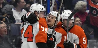 Philadelphia Flyers right wing Owen Tippett (74) celebrates his goal against the Tampa Bay Lightning with right wing Travis Konecny (11) and defenseman Jamie Drysdale (9) during the third period of an NHL hockey game Thursday, Nov. 7, 2024, in Tampa, Fla. (AP Photo/Chris O'Meara)