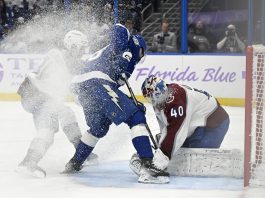 Colorado Avalanche goaltender Alexandar Georgiev (40) makes a save against Tampa Bay Lightning left wing Brandon Hagel (38) during the second period of an NHL hockey game Monday, Nov. 25, 2024, in Tampa, Fla. (AP Photo/Jason Behnken)