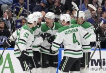 Dallas Stars center Roope Hintz (24) celebrates his goal against the Tampa Bay Lightning with center Wyatt Johnston (53) and defenseman Miro Heiskanen (4) during the third period of an NHL hockey game Saturday, Nov. 23, 2024, in Tampa, Fla. (AP Photo/Chris O'Meara)