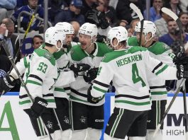 Dallas Stars center Roope Hintz (24) celebrates his goal against the Tampa Bay Lightning with center Wyatt Johnston (53) and defenseman Miro Heiskanen (4) during the third period of an NHL hockey game Saturday, Nov. 23, 2024, in Tampa, Fla. (AP Photo/Chris O'Meara)