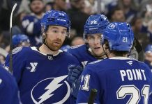 Tampa Bay Lightning defenseman Nick Perbix (48) celebrates his goal against the San Jose Sharks withn defenseman Emil Lilleberg (78) and center Brayden Point (21) during the second period of an NHL hockey game Thursday, Dec. 5, 2024, in Tampa, Fla. (AP Photo/Chris O'Meara)