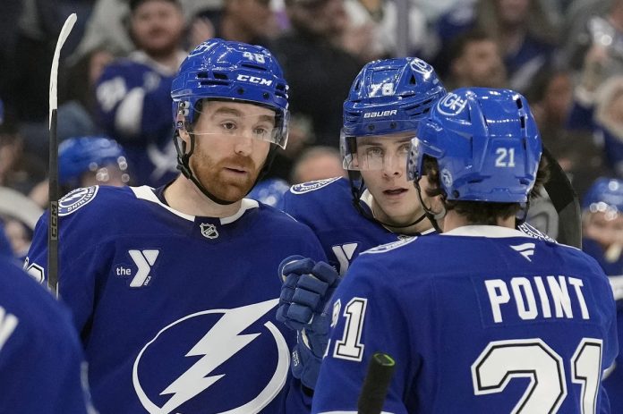 Tampa Bay Lightning defenseman Nick Perbix (48) celebrates his goal against the San Jose Sharks withn defenseman Emil Lilleberg (78) and center Brayden Point (21) during the second period of an NHL hockey game Thursday, Dec. 5, 2024, in Tampa, Fla. (AP Photo/Chris O'Meara)