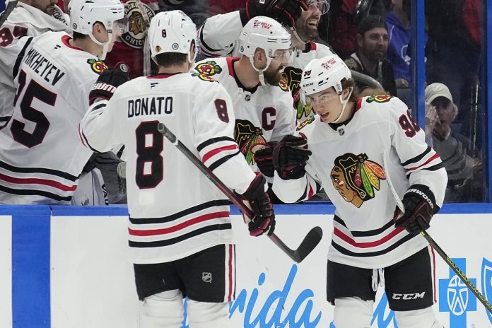 Chicago Blackhawks center Connor Bedard (98) celebrates his goal against the Tampa Bay Lightning with center Ryan Donato (8) during the second period of an NHL hockey game Tuesday, Jan. 28, 2025, in Tampa, Fla. (AP Photo/Chris O'Meara)