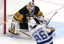 Pittsburgh Penguins goaltender Tristan Jarry (35) blocks a shot by Tampa Bay Lightning's Nikita Kucherov (86) during the first period of an NHL hockey game in Pittsburgh, Sunday, Jan. 12, 2025. (AP Photo/Gene J. Puskar)