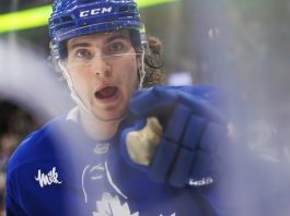 Toronto Maple Leafs' Matthew Knies celebrates a goal during the second period of an NHL hockey game against the Tampa Bay Lightning in Toronto, Monday, Jan. 20, 2025.. (Cole Burston/The Canadian Press via AP)