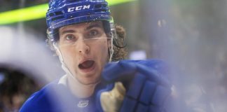 Toronto Maple Leafs' Matthew Knies celebrates a goal during the second period of an NHL hockey game against the Tampa Bay Lightning in Toronto, Monday, Jan. 20, 2025.. (Cole Burston/The Canadian Press via AP)