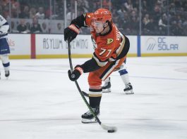 Anaheim Ducks right wing Frank Vatrano (77) shoots the puck during the first period of an NHL hockey game against the Tampa Bay Lightning, Sunday, Jan. 5, 2025, in Anaheim, Calif. (AP Photo/William Liang)