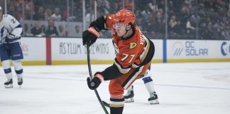 Anaheim Ducks right wing Frank Vatrano (77) shoots the puck during the first period of an NHL hockey game against the Tampa Bay Lightning, Sunday, Jan. 5, 2025, in Anaheim, Calif. (AP Photo/William Liang)