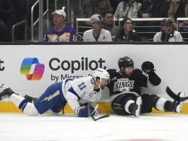 Tampa Bay Lightning center Luke Glendening, left, and Los Angeles Kings defenseman Vladislav Gavrikov fall as they vie for the puck during the first period of an NHL hockey game, Saturday, Jan. 4, 2025, in Los Angeles. (AP Photo/Mark J. Terrill)