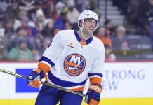 New York Islanders' Tony DeAngelo plays during an NHL hockey game, Thursday, Jan. 30, 2025, in Philadelphia. (AP Photo/Matt Slocum, File)