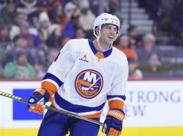 New York Islanders' Tony DeAngelo plays during an NHL hockey game, Thursday, Jan. 30, 2025, in Philadelphia. (AP Photo/Matt Slocum, File)