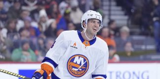 New York Islanders' Tony DeAngelo plays during an NHL hockey game, Thursday, Jan. 30, 2025, in Philadelphia. (AP Photo/Matt Slocum, File)