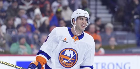 New York Islanders' Tony DeAngelo plays during an NHL hockey game, Thursday, Jan. 30, 2025, in Philadelphia. (AP Photo/Matt Slocum, File)