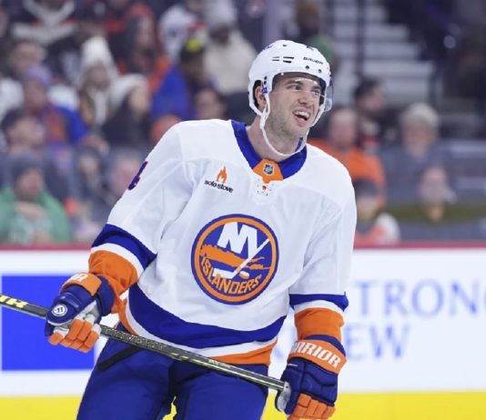 New York Islanders' Tony DeAngelo plays during an NHL hockey game, Thursday, Jan. 30, 2025, in Philadelphia. (AP Photo/Matt Slocum, File)