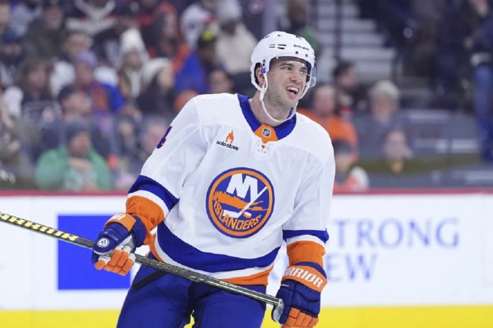 New York Islanders' Tony DeAngelo plays during an NHL hockey game, Thursday, Jan. 30, 2025, in Philadelphia. (AP Photo/Matt Slocum, File)