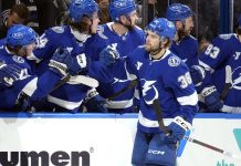 Tampa Bay Lightning left wing Brandon Hagel (38) celebrates with the bench after scoring against the Los Angeles Kings during the third period of an NHL hockey game Thursday, Jan. 30, 2025, in Tampa, Fla. (AP Photo/Chris O'Meara)