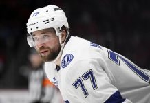 Tampa Bay Lightning defenseman Victor Hedman looks on during the second period of an NHL hockey game against the Washington Capitals, Saturday, March 1, 2025, in Washington. (AP Photo/Nick Wass, File)