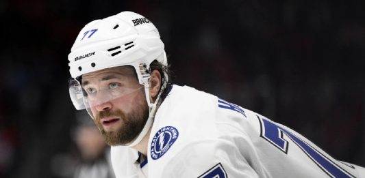 Tampa Bay Lightning defenseman Victor Hedman looks on during the second period of an NHL hockey game against the Washington Capitals, Saturday, March 1, 2025, in Washington. (AP Photo/Nick Wass, File)