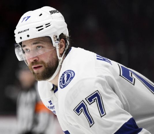 Tampa Bay Lightning defenseman Victor Hedman looks on during the second period of an NHL hockey game against the Washington Capitals, Saturday, March 1, 2025, in Washington. (AP Photo/Nick Wass, File)