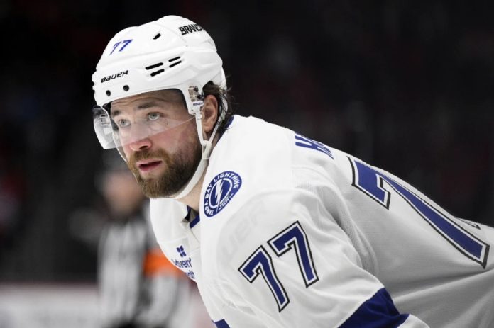 Tampa Bay Lightning defenseman Victor Hedman looks on during the second period of an NHL hockey game against the Washington Capitals, Saturday, March 1, 2025, in Washington. (AP Photo/Nick Wass, File)