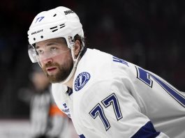 Tampa Bay Lightning defenseman Victor Hedman (77) looks on during the second period of an NHL hockey game against the Washington Capitals, Saturday, March 1, 2025, in Washington. (AP Photo/Nick Wass)