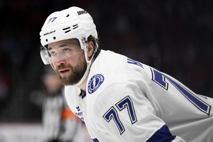 Tampa Bay Lightning defenseman Victor Hedman (77) looks on during the second period of an NHL hockey game against the Washington Capitals, Saturday, March 1, 2025, in Washington. (AP Photo/Nick Wass)