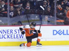 Philadelphia Flyers' Owen Tippett celebrates after scoring a goal during the second period of an NHL hockey game against the Edmonton Oilers, Saturday, Feb. 22, 2025, in Philadelphia. (AP Photo/Matt Slocum)