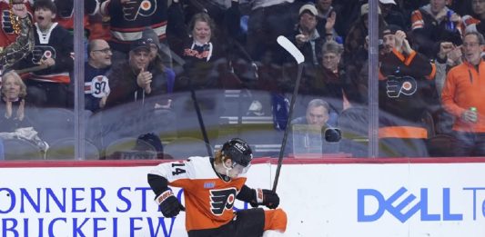 Philadelphia Flyers' Owen Tippett celebrates after scoring a goal during the second period of an NHL hockey game against the Edmonton Oilers, Saturday, Feb. 22, 2025, in Philadelphia. (AP Photo/Matt Slocum)