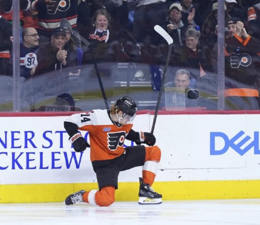 Philadelphia Flyers' Owen Tippett celebrates after scoring a goal during the second period of an NHL hockey game against the Edmonton Oilers, Saturday, Feb. 22, 2025, in Philadelphia. (AP Photo/Matt Slocum)