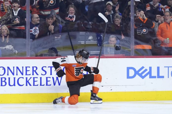 Philadelphia Flyers' Owen Tippett celebrates after scoring a goal during the second period of an NHL hockey game against the Edmonton Oilers, Saturday, Feb. 22, 2025, in Philadelphia. (AP Photo/Matt Slocum)