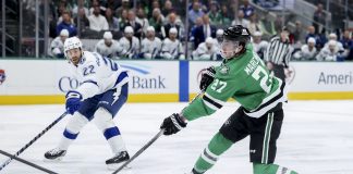 Dallas Stars left wing Mason Marchment (27) shoots during an NHL hockey game against the Tampa Bay Lightning in Dallas, Thursday, March 20, 2025. (AP Photo/Gareth Patterson)