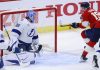 Florida Panthers left wing Matthew Tkachuk (19) scores against Tampa Bay Lightning goaltender Andrei Vasilevskiy (88) during the first period in Game 3 of an NHL hockey Stanley Cup first-round playoff series, Saturday, April 26, 2025, in Sunrise, Fla. (AP Photo/Rhona Wise)