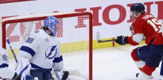 Florida Panthers left wing Matthew Tkachuk (19) scores against Tampa Bay Lightning goaltender Andrei Vasilevskiy (88) during the first period in Game 3 of an NHL hockey Stanley Cup first-round playoff series, Saturday, April 26, 2025, in Sunrise, Fla. (AP Photo/Rhona Wise)