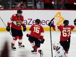 Florida Panthers center Anton Lundell (15) celebrates after his goal during the second period in Game 4 of an NHL hockey Stanley Cup first-round playoff series against the Tampa Bay Lightning, Monday, April 28, 2025, in Sunrise, Fla. (AP Photo/Marta Lavandier)