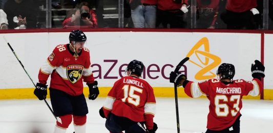 Florida Panthers center Anton Lundell (15) celebrates after his goal during the second period in Game 4 of an NHL hockey Stanley Cup first-round playoff series against the Tampa Bay Lightning, Monday, April 28, 2025, in Sunrise, Fla. (AP Photo/Marta Lavandier)